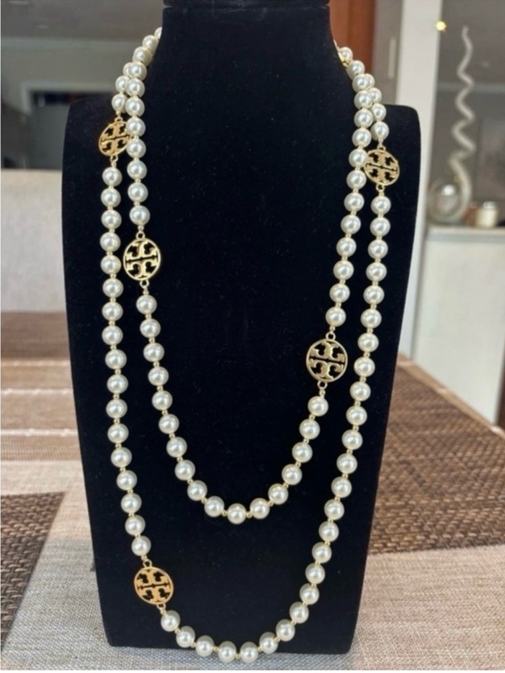 Tory Burch White Pearl Long Necklace with Gold Logo Discs